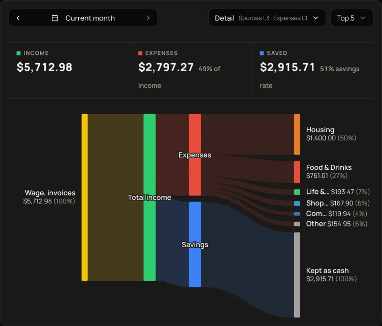 Money flow diagram from income through expenses and savings to categories